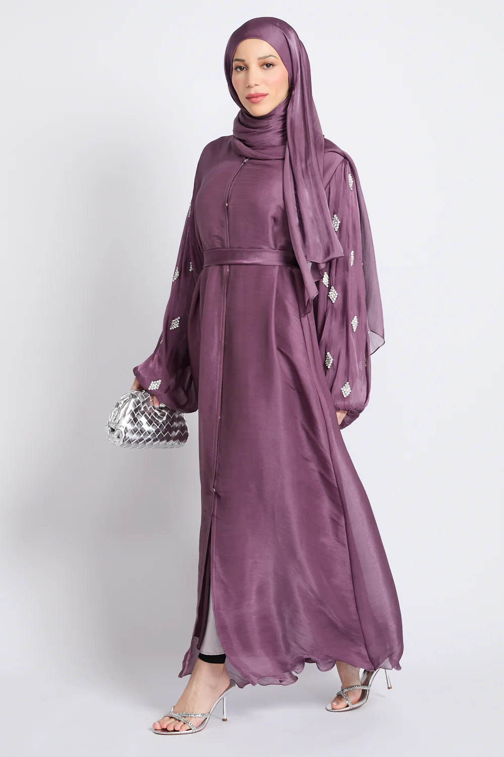 Premium Organza Starfall Embellished Open Abaya – Mulberry Dusk - Image 6