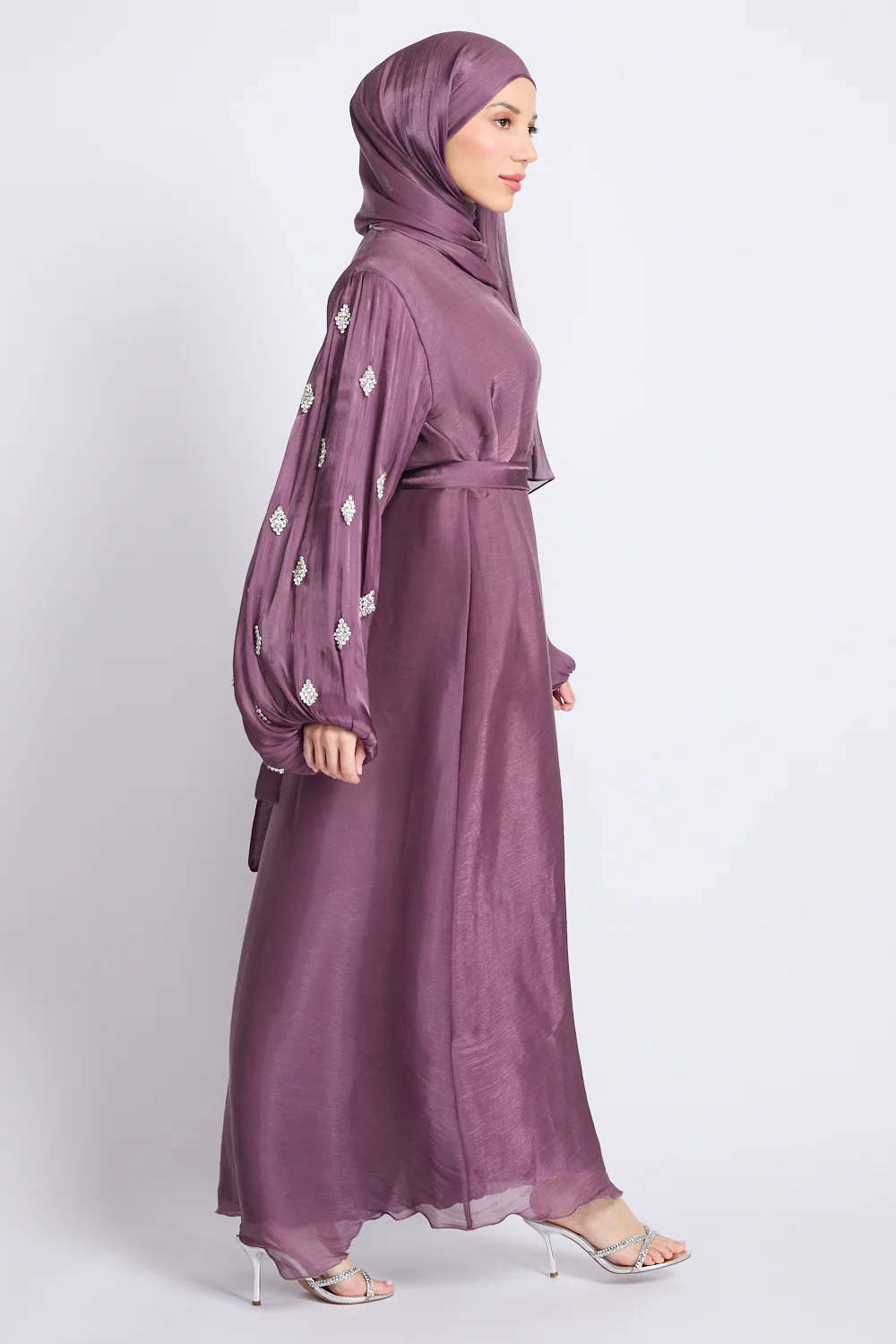 Premium Organza Starfall Embellished Open Abaya – Mulberry Dusk - Image 7