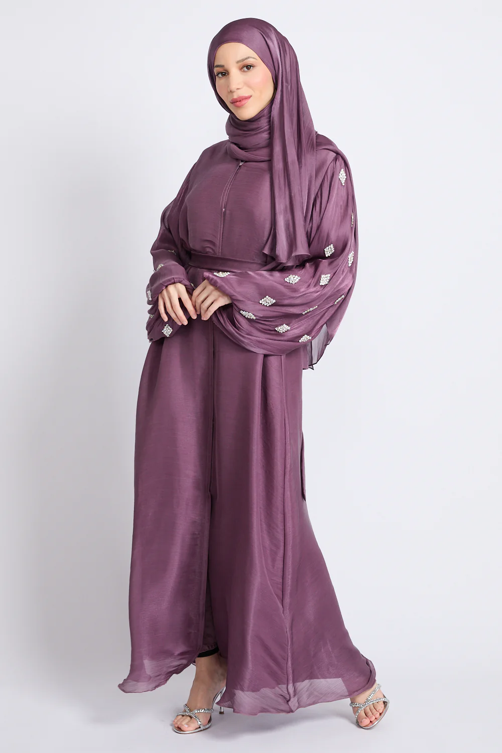 Premium Organza Starfall Embellished Open Abaya – Mulberry Dusk - Image 8
