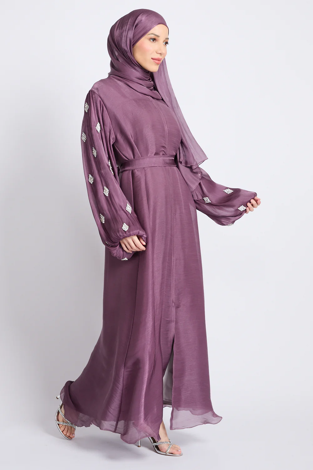 Premium Organza Starfall Embellished Open Abaya – Mulberry Dusk - Image 9