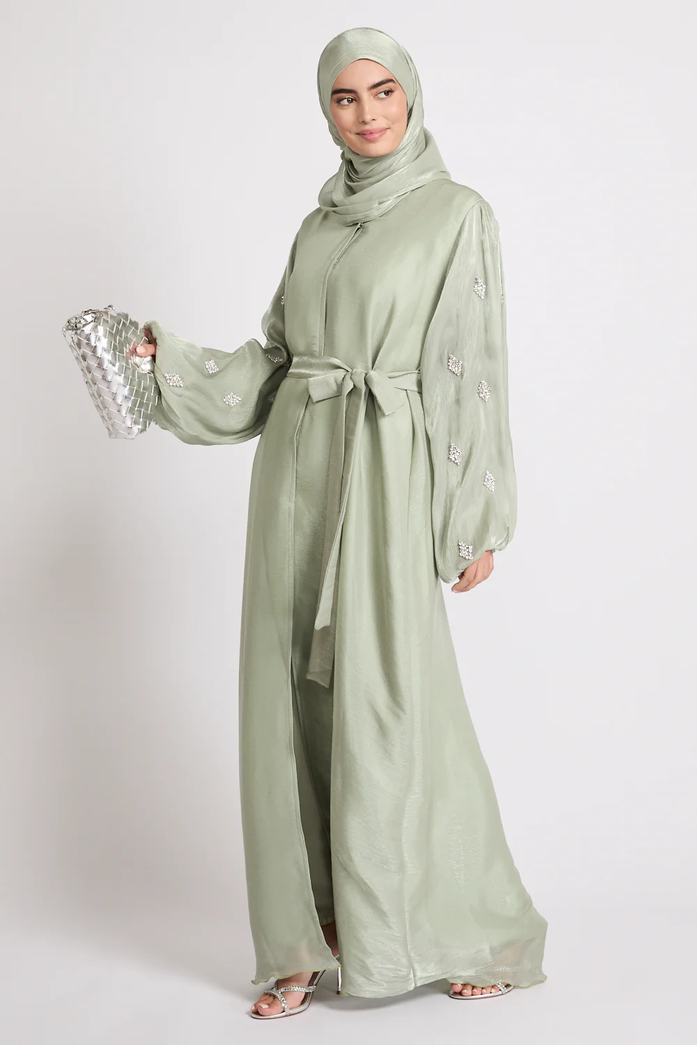 Premium Organza Starfall Embellished Open Abaya – Sage Mist