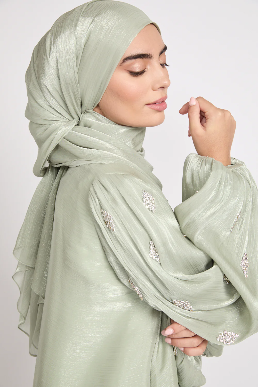 Premium Organza Starfall Embellished Open Abaya – Sage Mist - Image 2