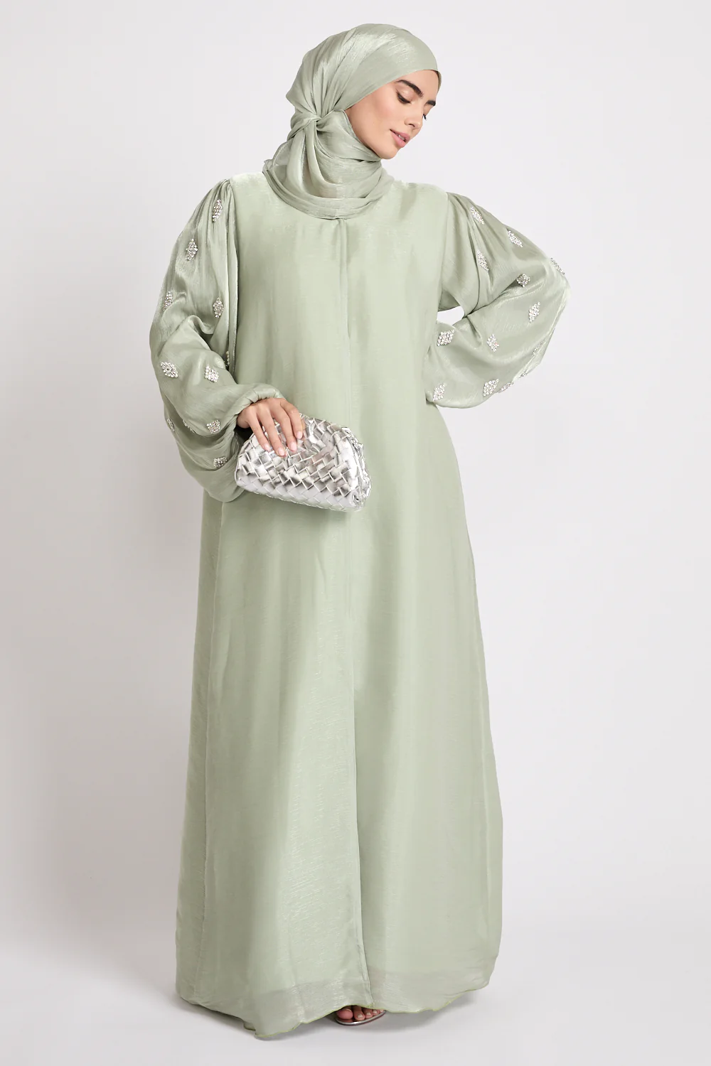 Premium Organza Starfall Embellished Open Abaya – Sage Mist - Image 3