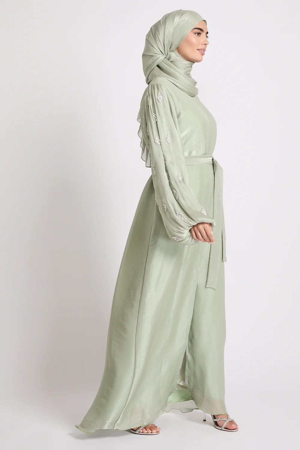 Premium Organza Starfall Embellished Open Abaya – Sage Mist - Image 4