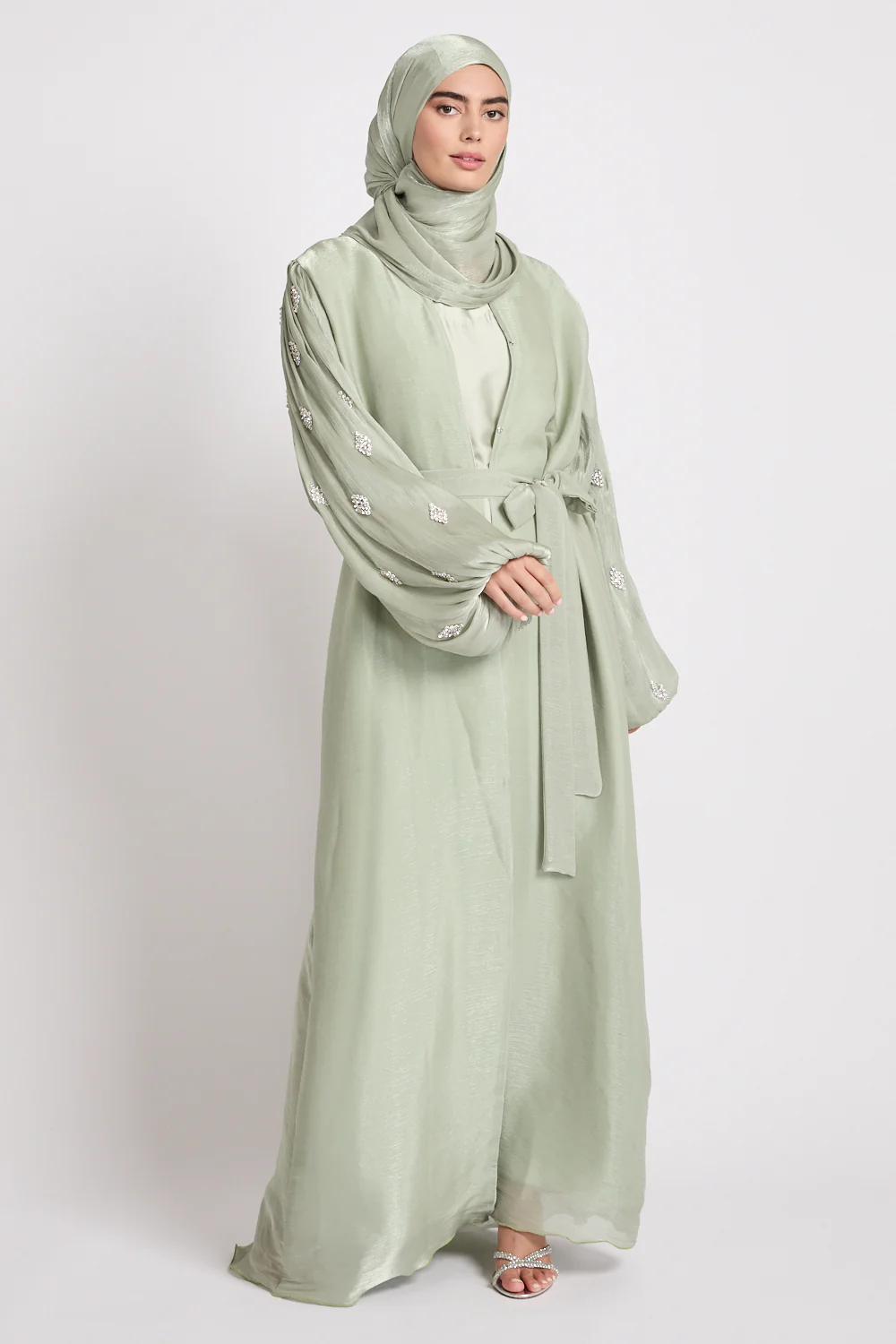 Premium Organza Starfall Embellished Open Abaya – Sage Mist - Image 5