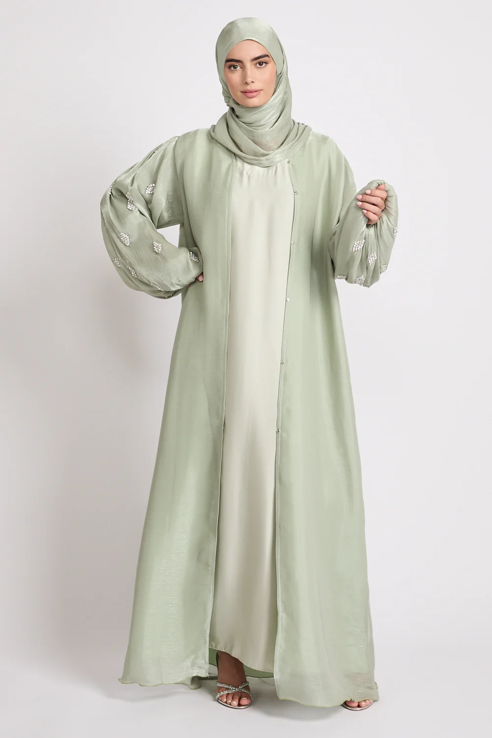 Premium Organza Starfall Embellished Open Abaya – Sage Mist - Image 6