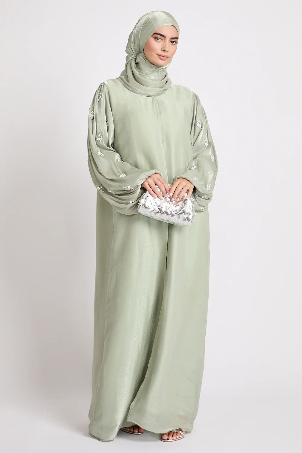 Premium Organza Starfall Embellished Open Abaya – Sage Mist - Image 7