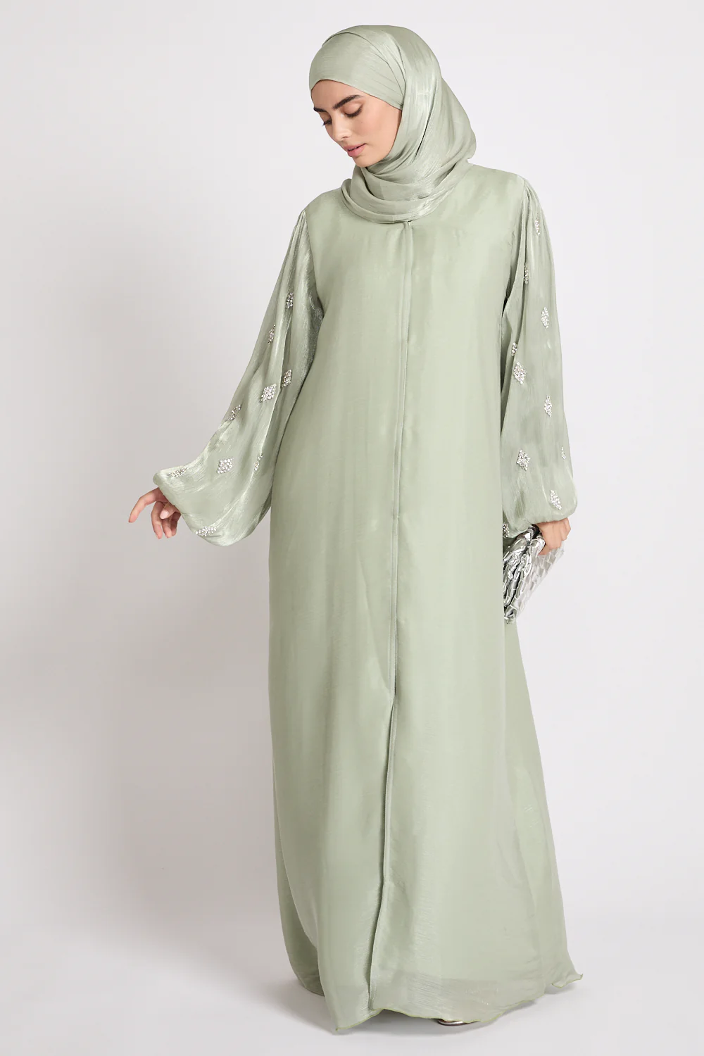Premium Organza Starfall Embellished Open Abaya – Sage Mist - Image 8