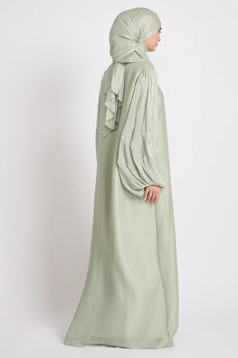Premium Organza Starfall Embellished Open Abaya – Sage Mist - Image 9