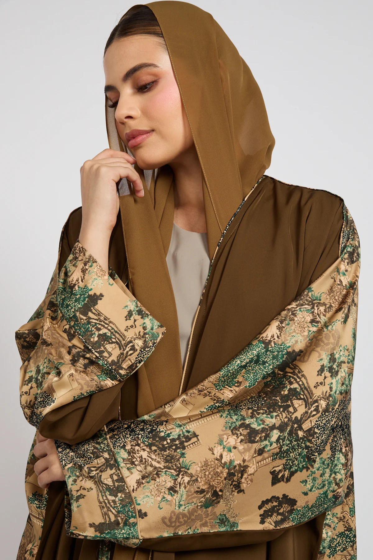 Premium Oriental Garden Olive Bronze Open Abaya - LIMITED EDITION - Image 4