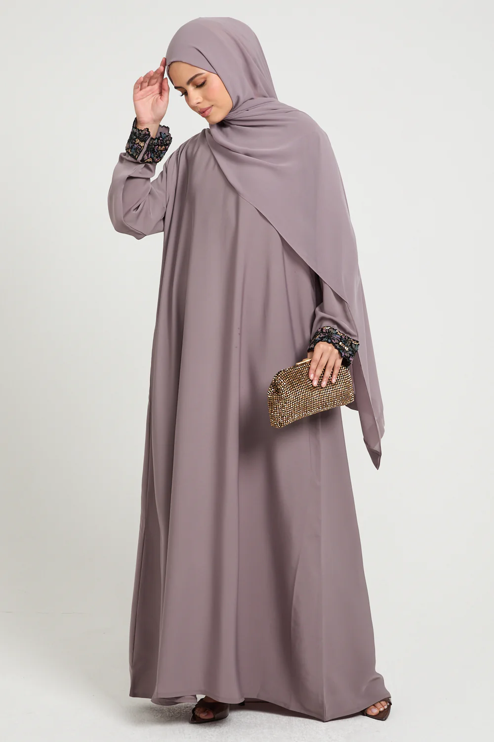 Premium Plain Closed Abaya with Floral Lace Cuff - Smoky Orchid - Image 3