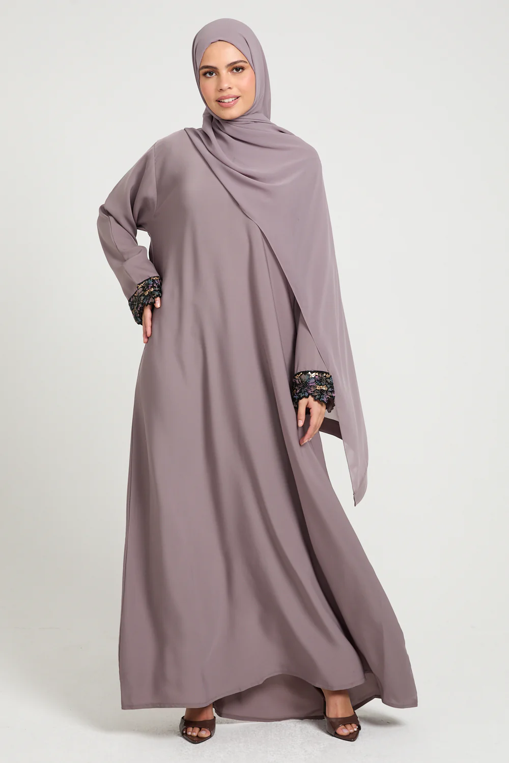 Premium Plain Closed Abaya with Floral Lace Cuff - Smoky Orchid - Image 5