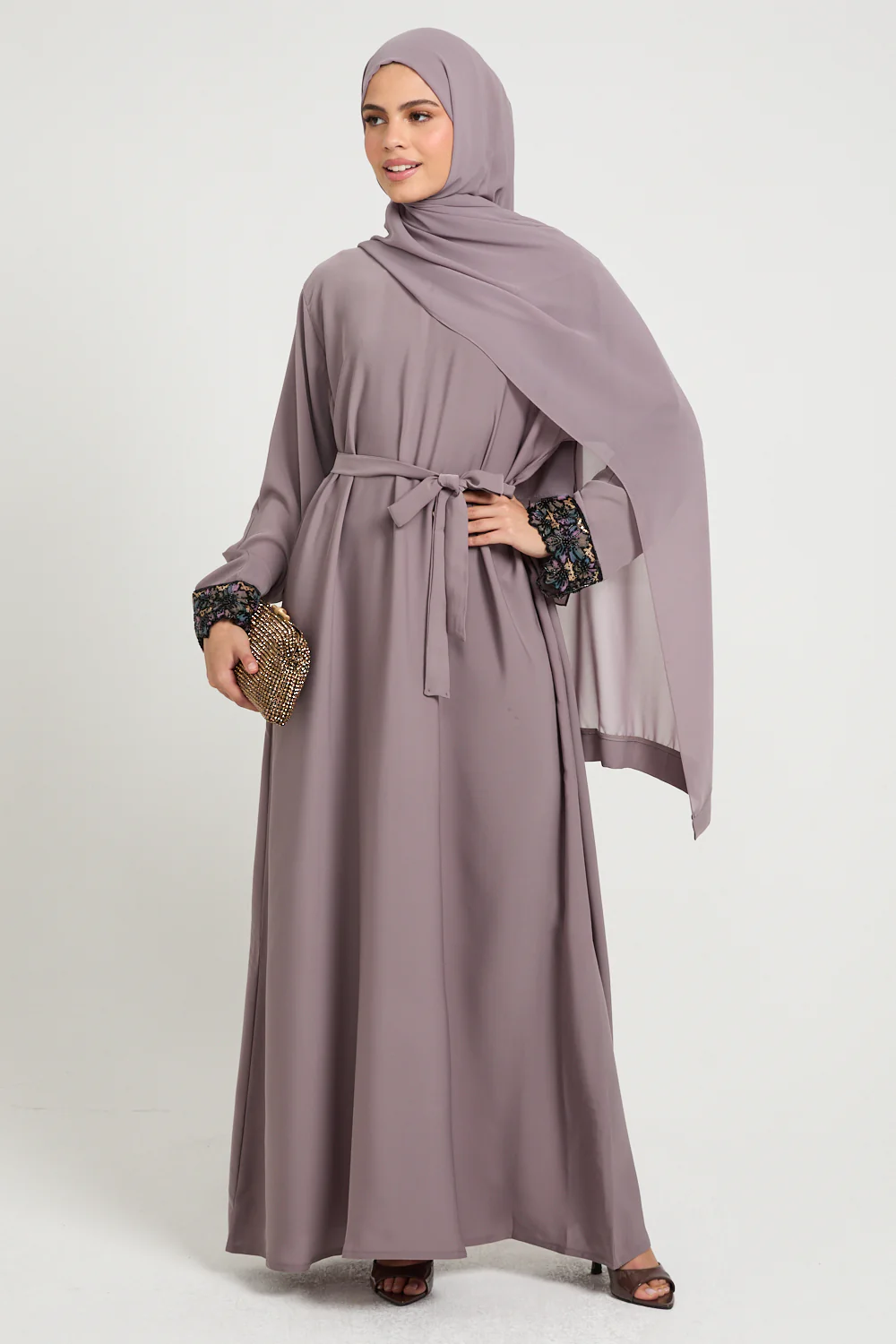 Premium Plain Closed Abaya with Floral Lace Cuff - Smoky Orchid - Image 6