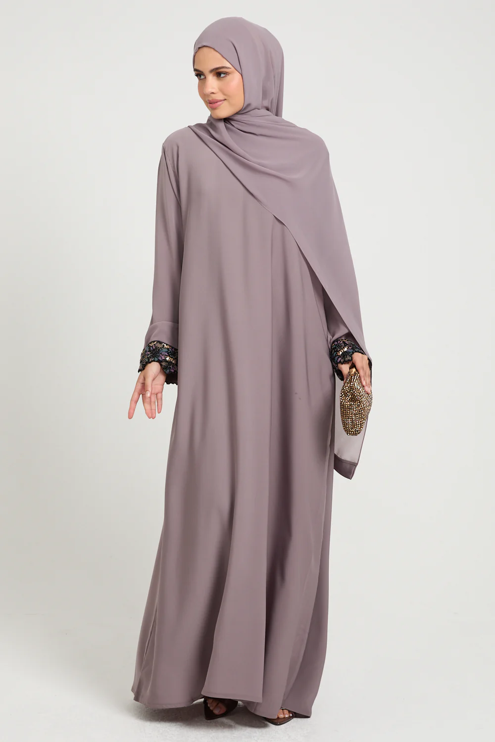 Premium Plain Closed Abaya with Floral Lace Cuff - Smoky Orchid - Image 7