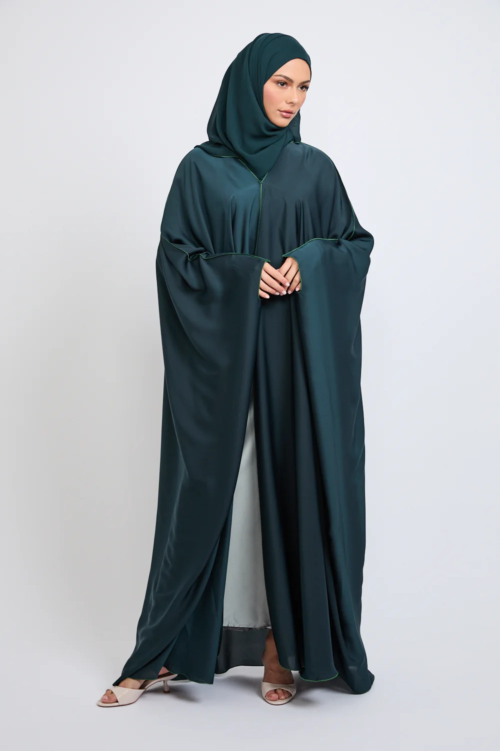 Premium Plain Open Farasha with Piping Detailing - Forest Green - Image 6