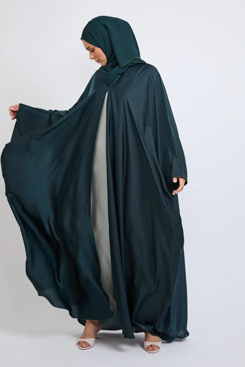 Premium Plain Open Farasha with Piping Detailing - Forest Green - Image 7
