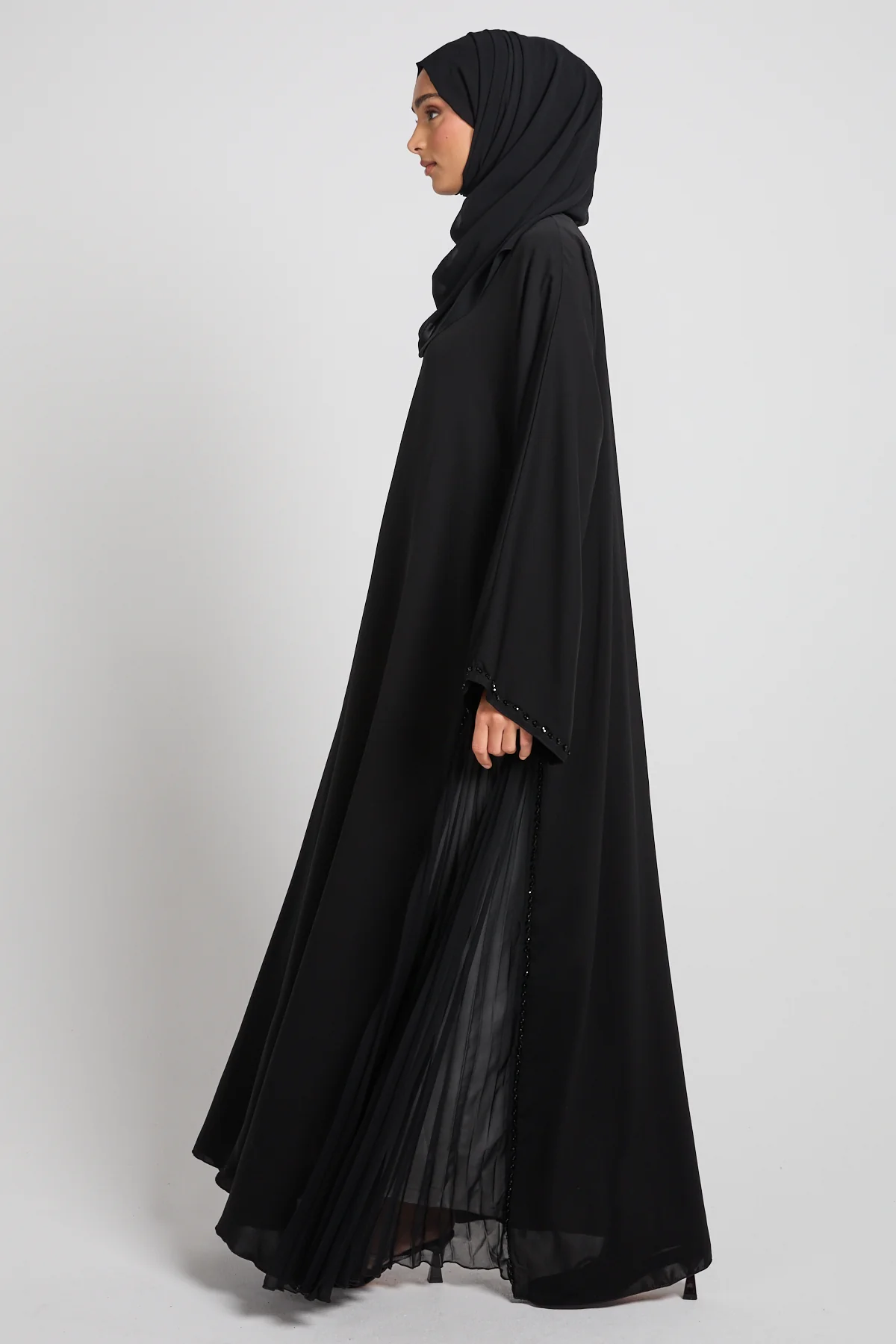 Premium Pleated Chiffon Panel Open Abaya – Black - Image 5