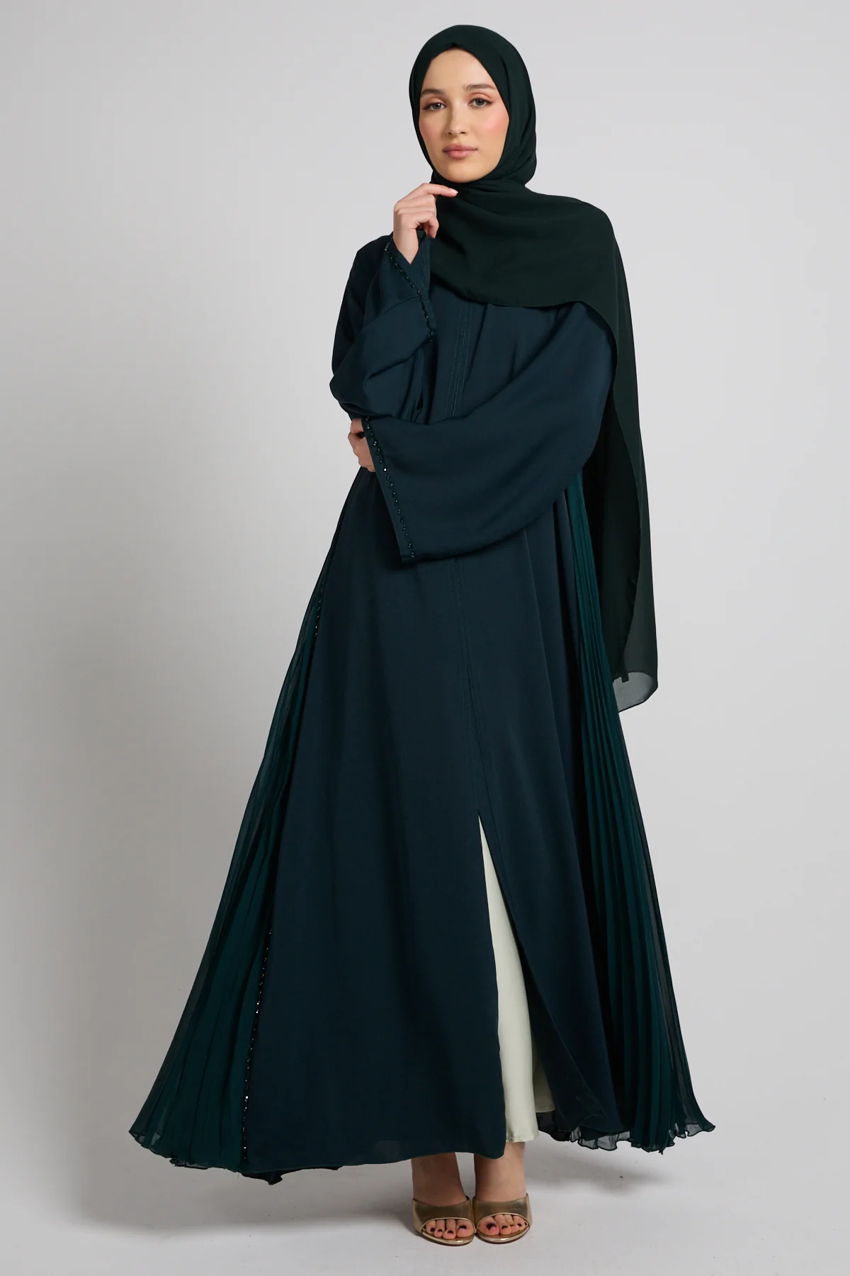 Premium Pleated Chiffon Panel Open Abaya – Emerald Dusk