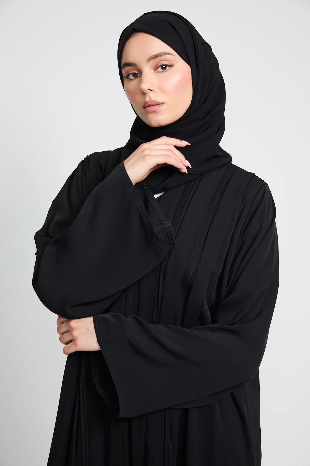 Premium Pleated Detailing Open Abaya - Black - Image 2