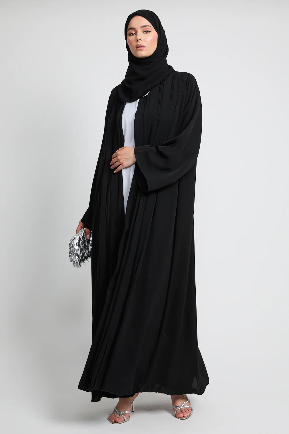 Premium Pleated Detailing Open Abaya - Black - Image 3