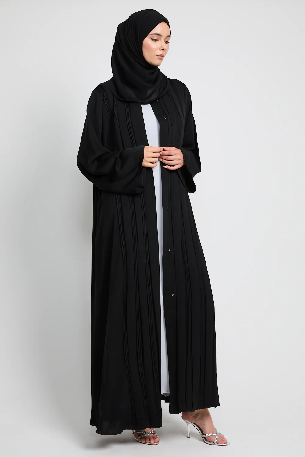 Premium Pleated Detailing Open Abaya - Black - Image 4