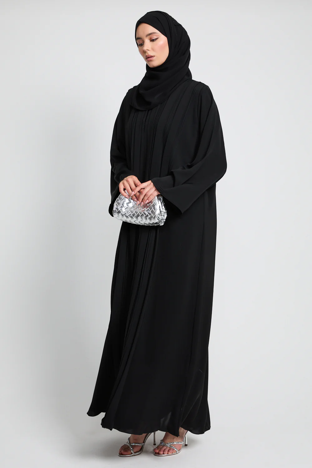 Premium Pleated Detailing Open Abaya - Black - Image 5