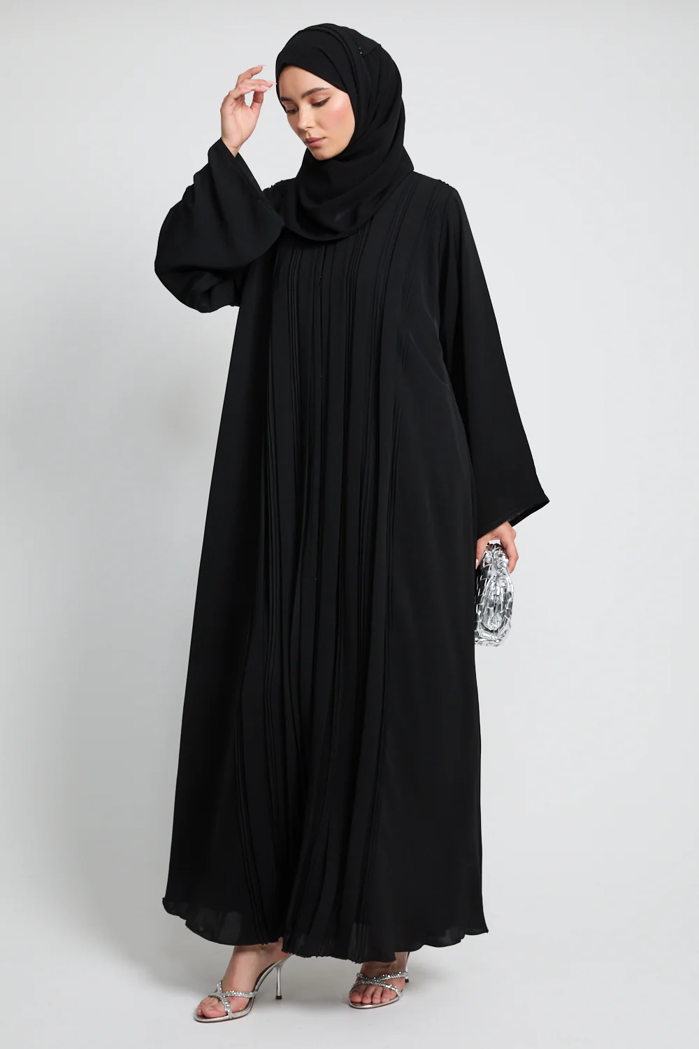 Premium Pleated Detailing Open Abaya - Black - Image 6