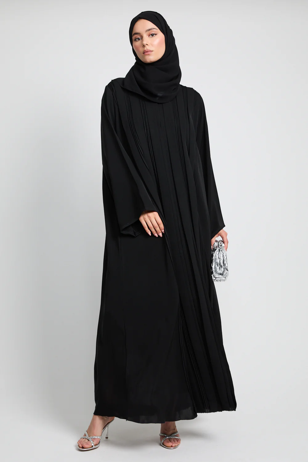 Premium Pleated Detailing Open Abaya - Black - Image 7