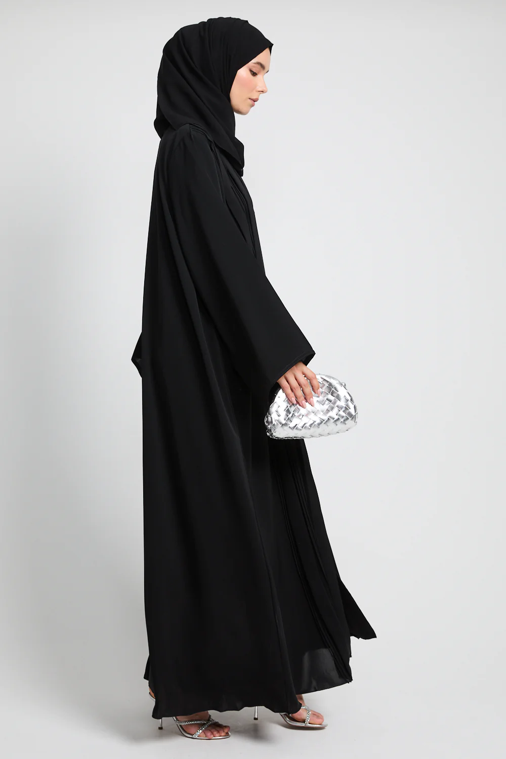 Premium Pleated Detailing Open Abaya - Black - Image 8