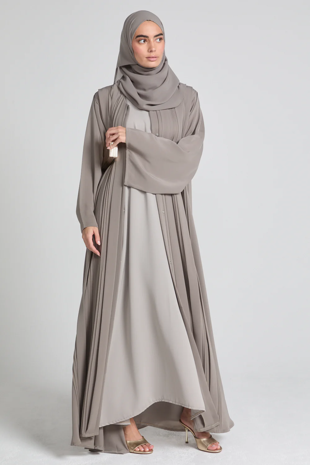 Premium Pleated Detailing Open Abaya - Olive Taupe - Image 5