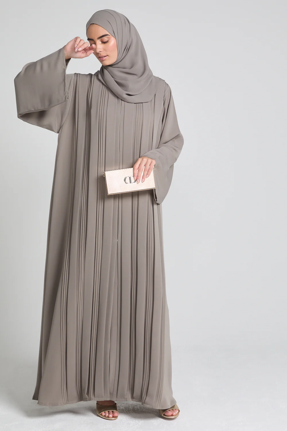 Premium Pleated Detailing Open Abaya - Olive Taupe - Image 6