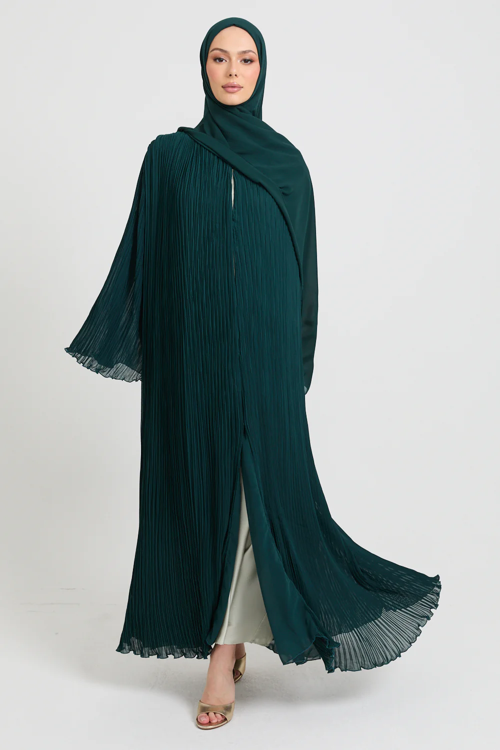 Premium Pleated Open Abaya with Flared Sleeves - Forest Green