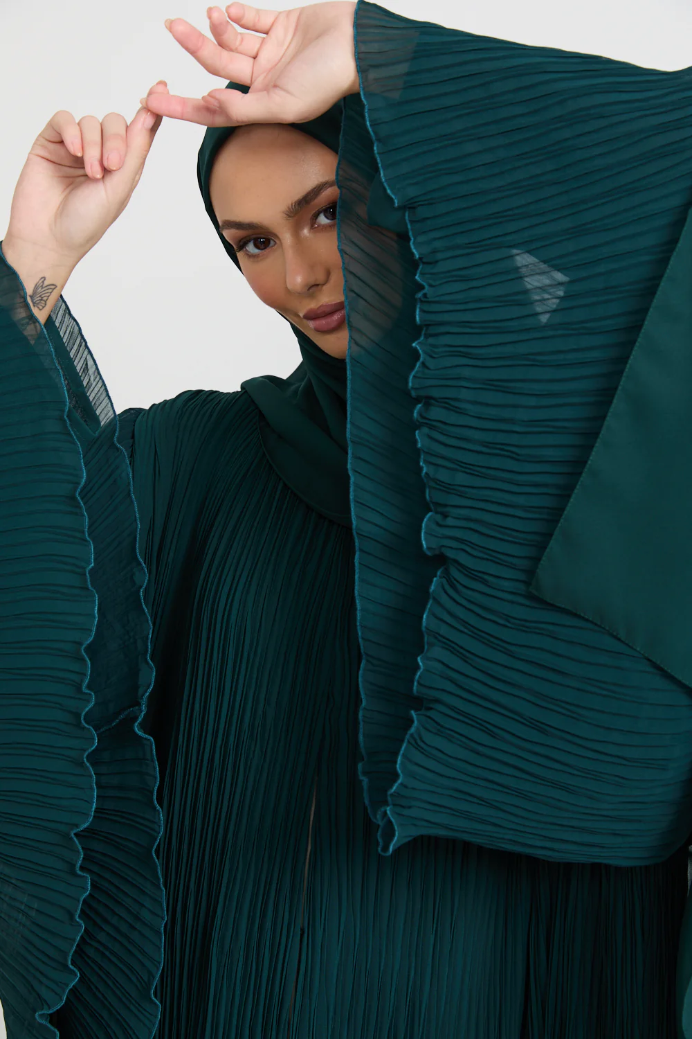 Premium Pleated Open Abaya with Flared Sleeves - Forest Green - Image 2