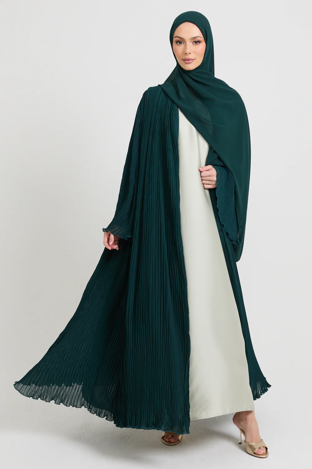 Premium Pleated Open Abaya with Flared Sleeves - Forest Green - Image 3