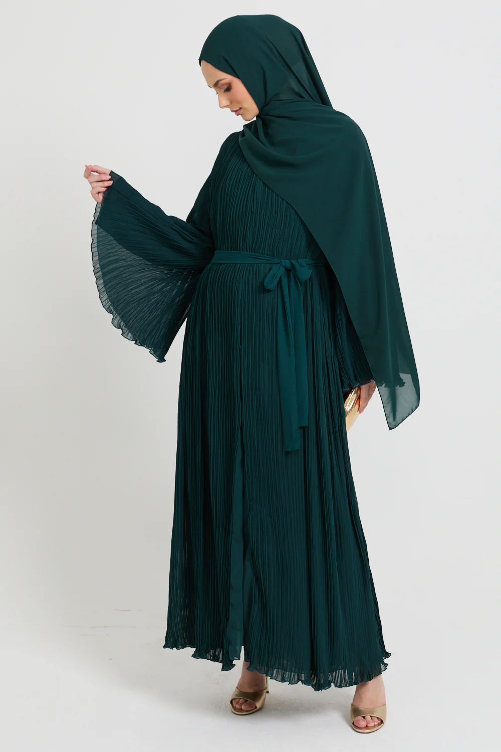 Premium Pleated Open Abaya with Flared Sleeves - Forest Green - Image 5
