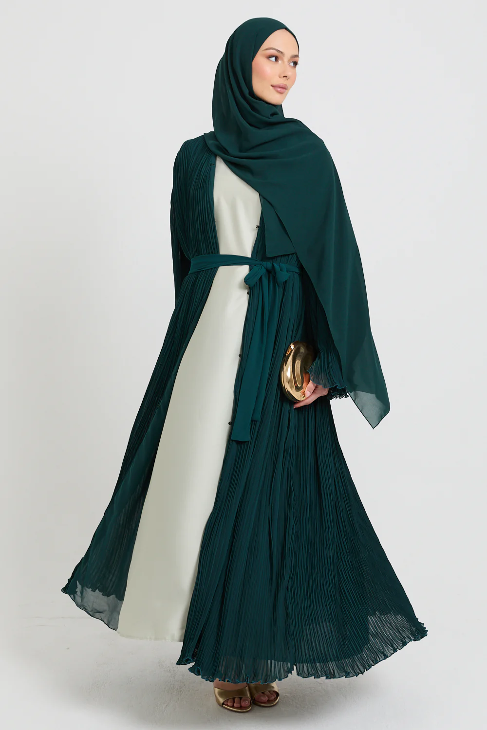 Premium Pleated Open Abaya with Flared Sleeves - Forest Green - Image 6