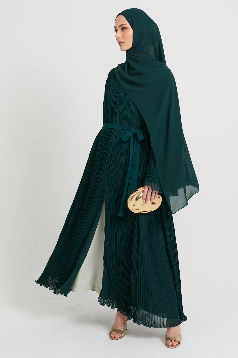 Premium Pleated Open Abaya with Flared Sleeves - Forest Green - Image 7