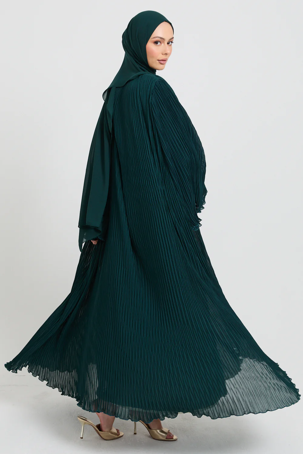 Premium Pleated Open Abaya with Flared Sleeves - Forest Green - Image 8
