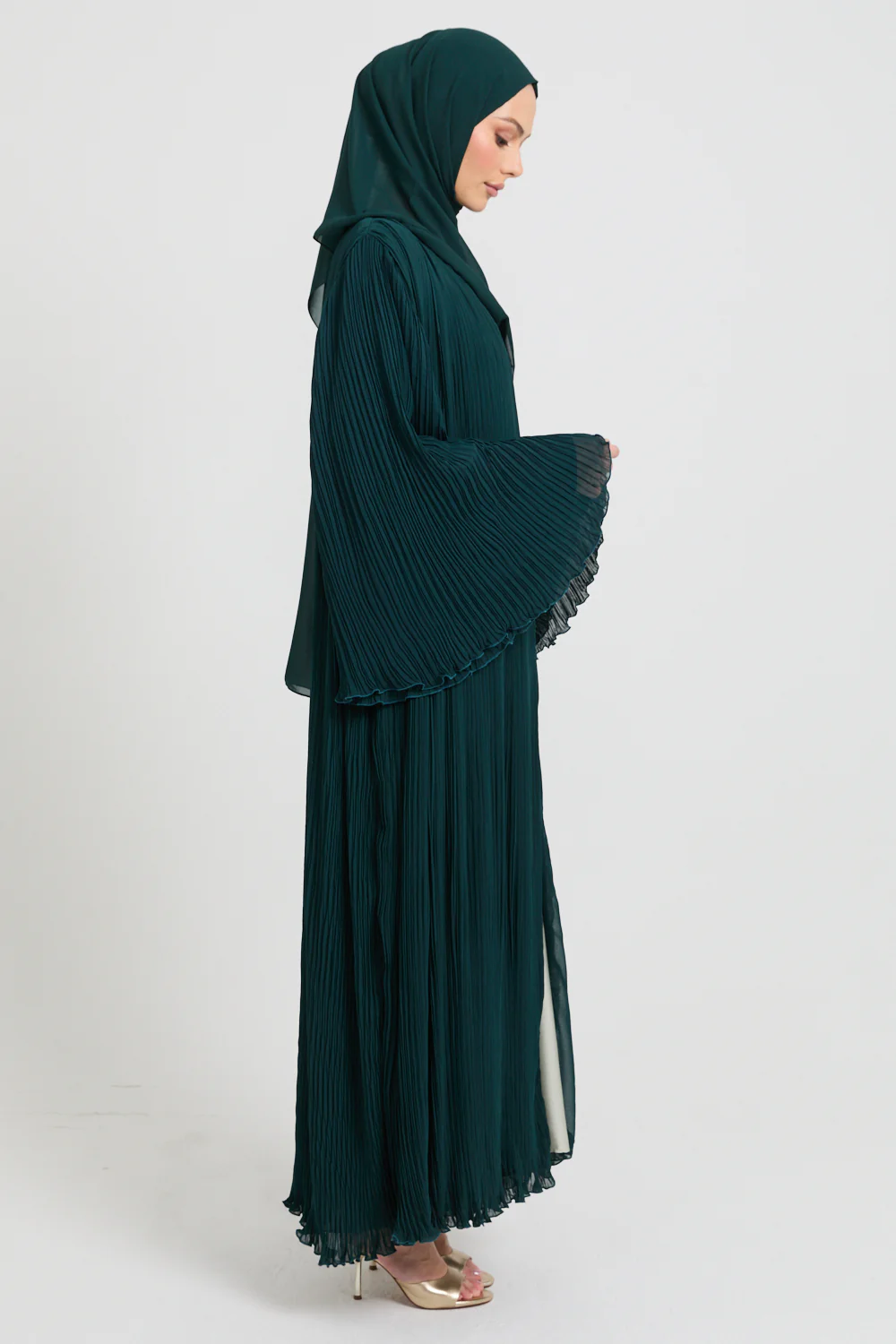 Premium Pleated Open Abaya with Flared Sleeves - Forest Green - Image 9