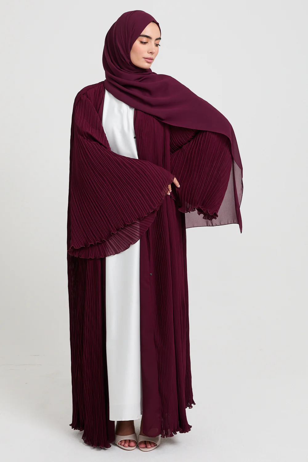 Premium Pleated Open Abaya with Flared Sleeves - Maroon - Image 5