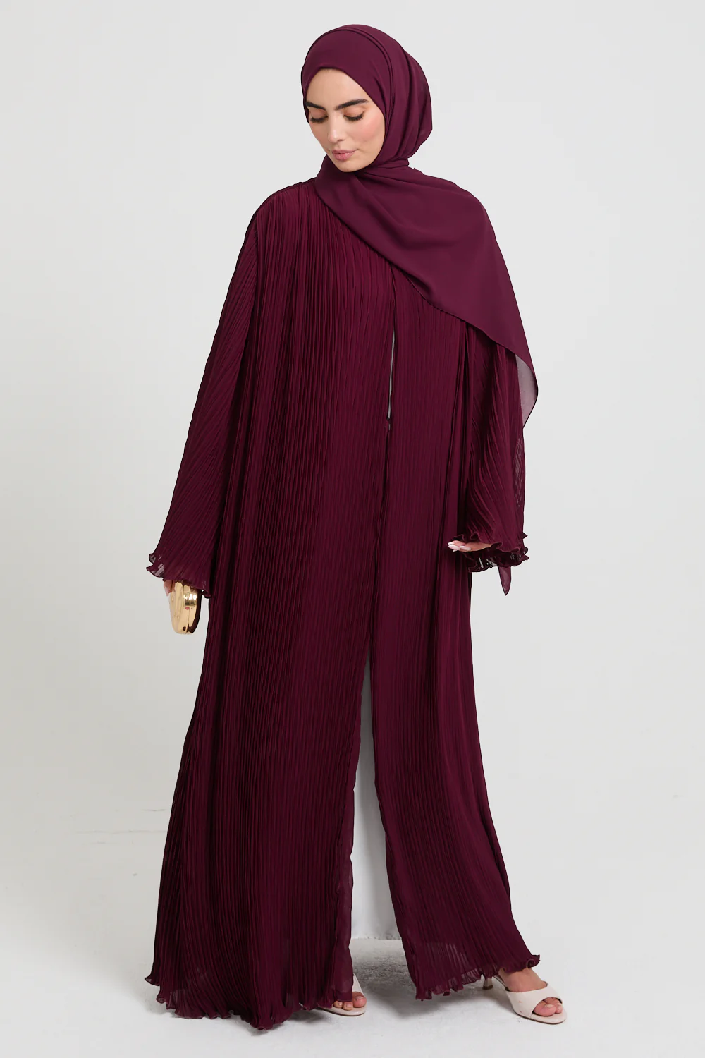 Premium Pleated Open Abaya with Flared Sleeves - Maroon - Image 6