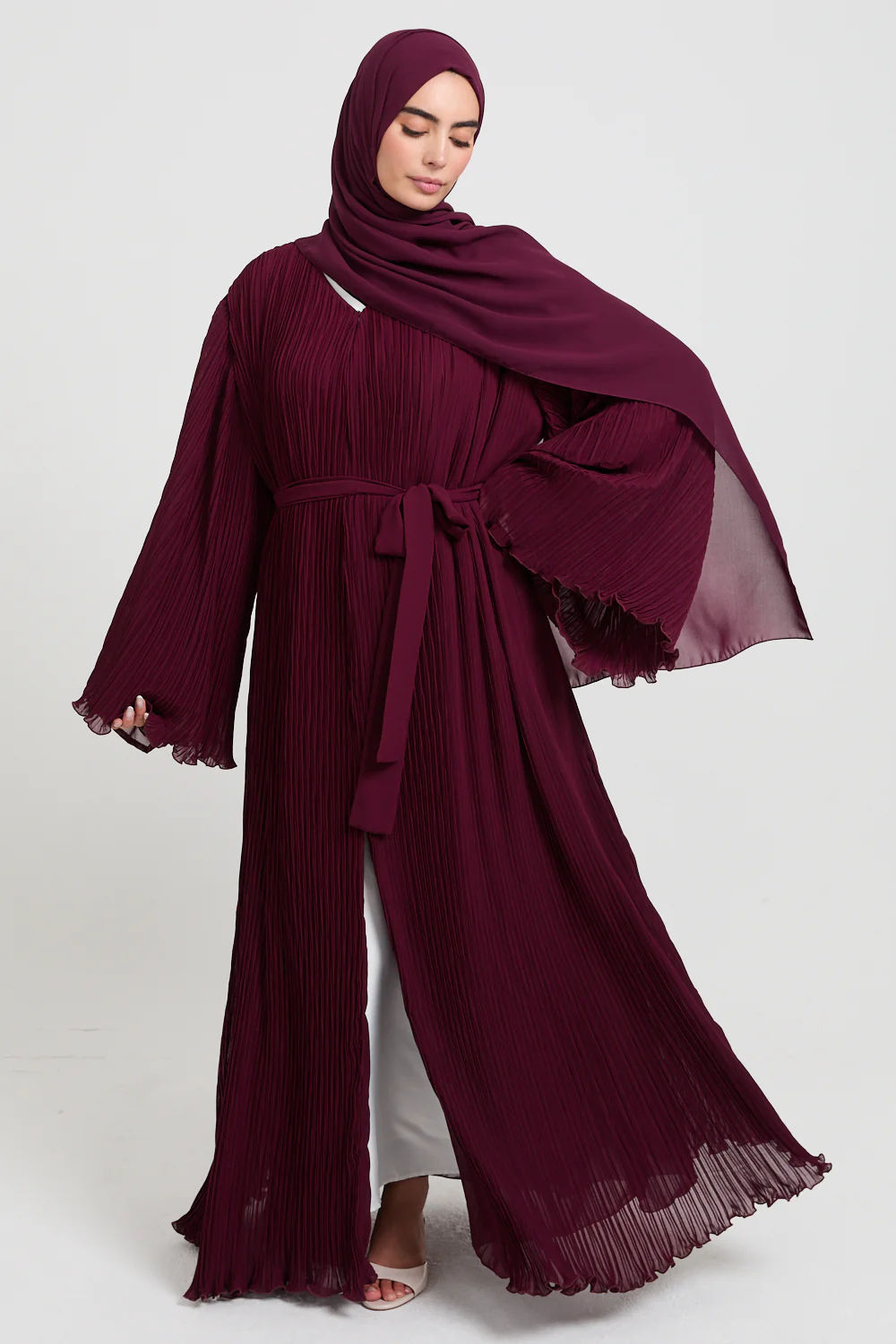 Premium Pleated Open Abaya with Flared Sleeves - Maroon - Image 8