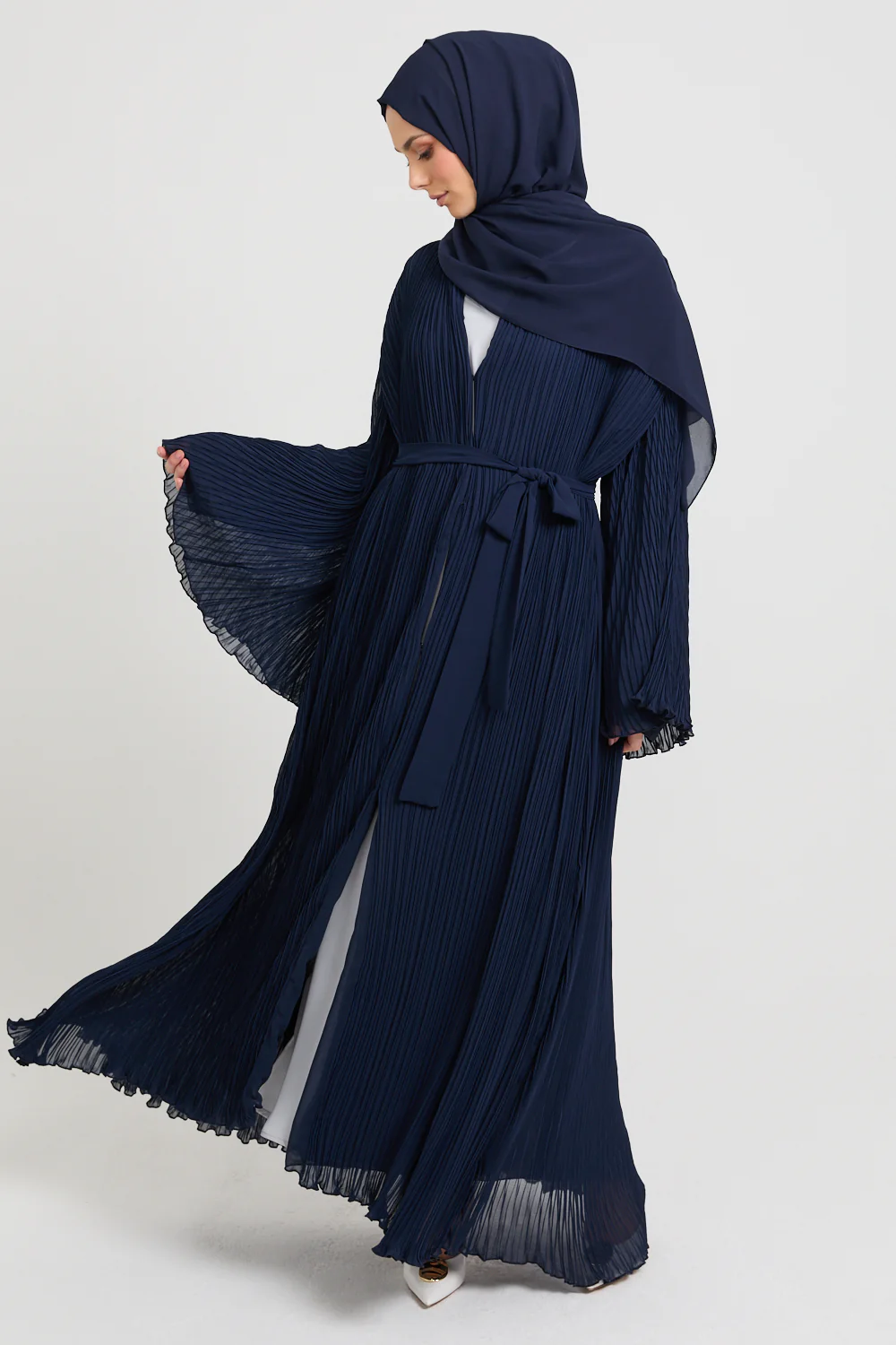 Premium Pleated Open Abaya with Flared Sleeves - Navy