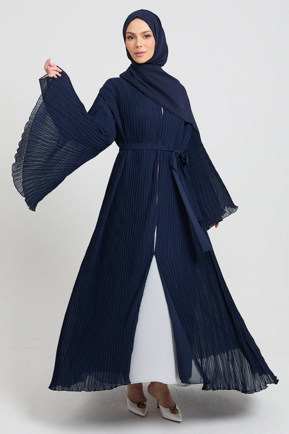 Premium Pleated Open Abaya with Flared Sleeves - Navy - Image 10