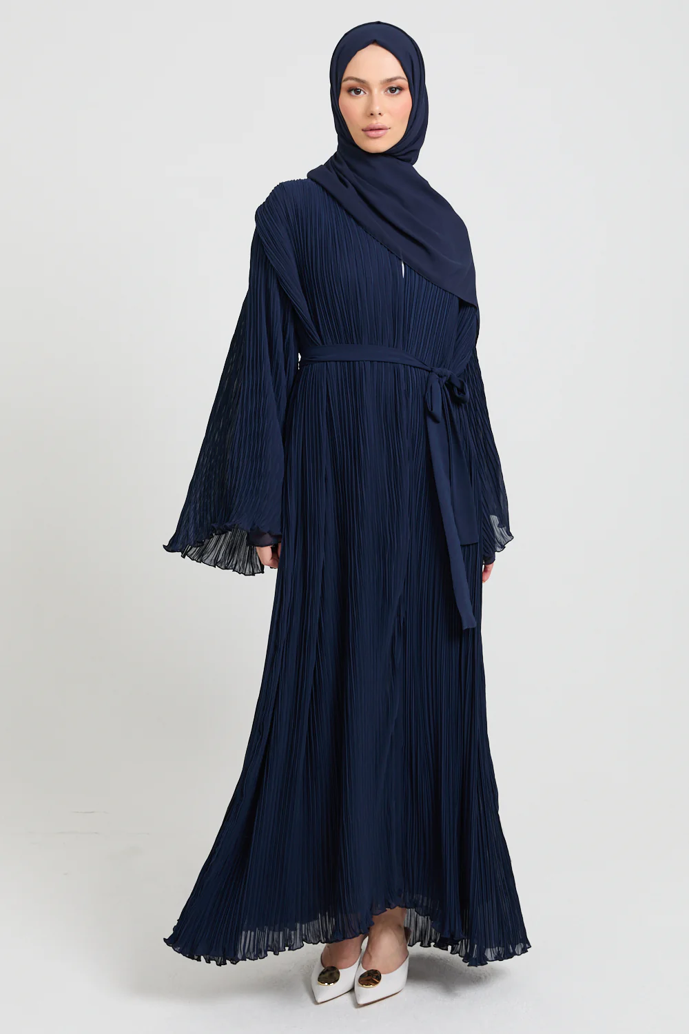 Premium Pleated Open Abaya with Flared Sleeves - Navy - Image 11