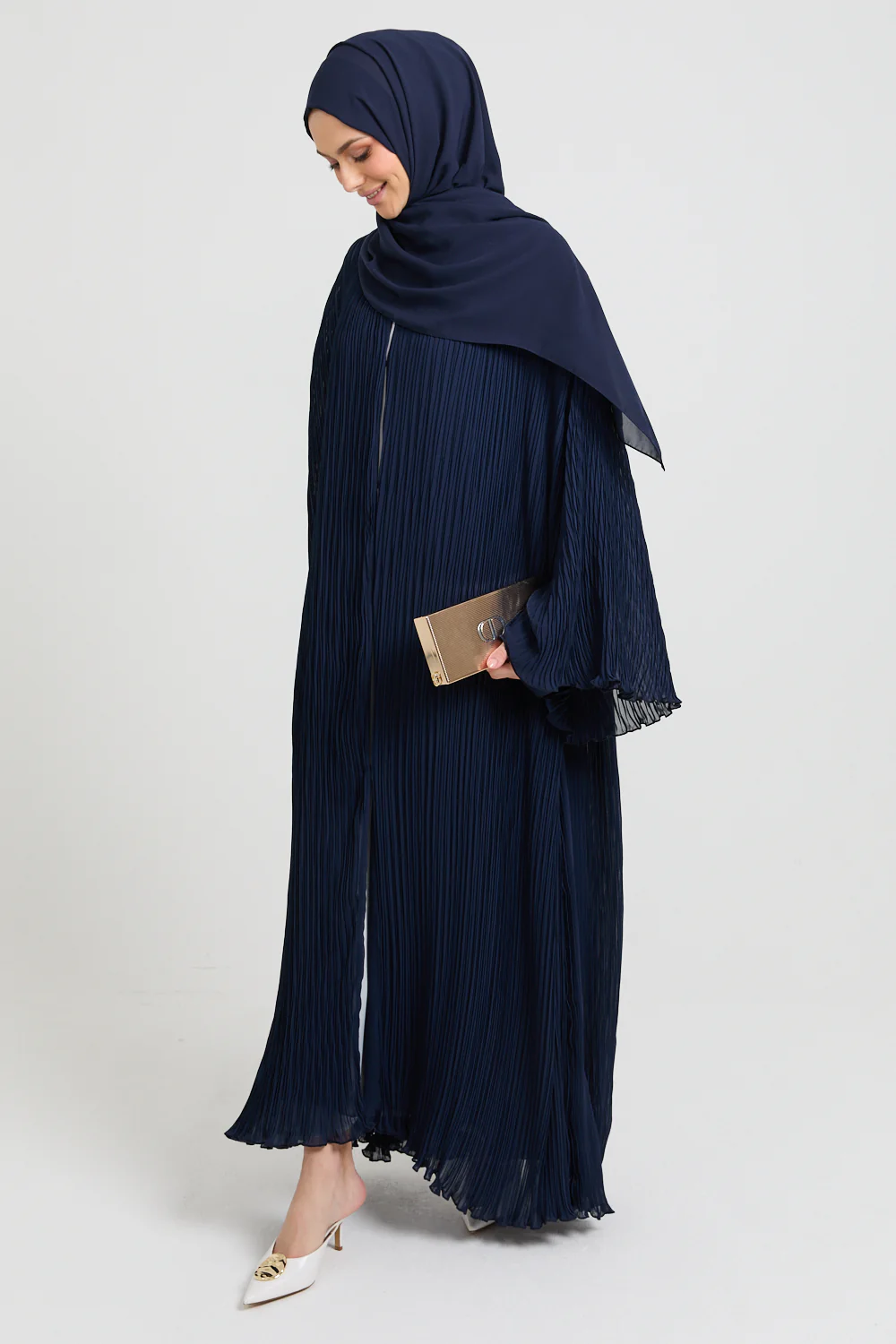 Premium Pleated Open Abaya with Flared Sleeves - Navy - Image 5