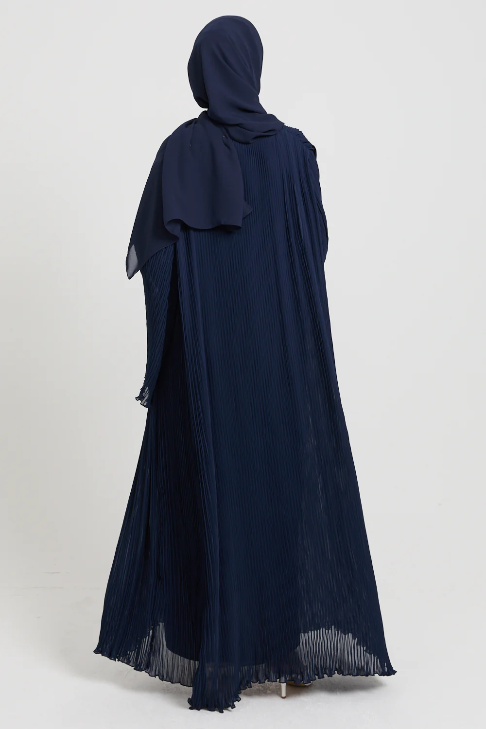 Premium Pleated Open Abaya with Flared Sleeves - Navy - Image 6
