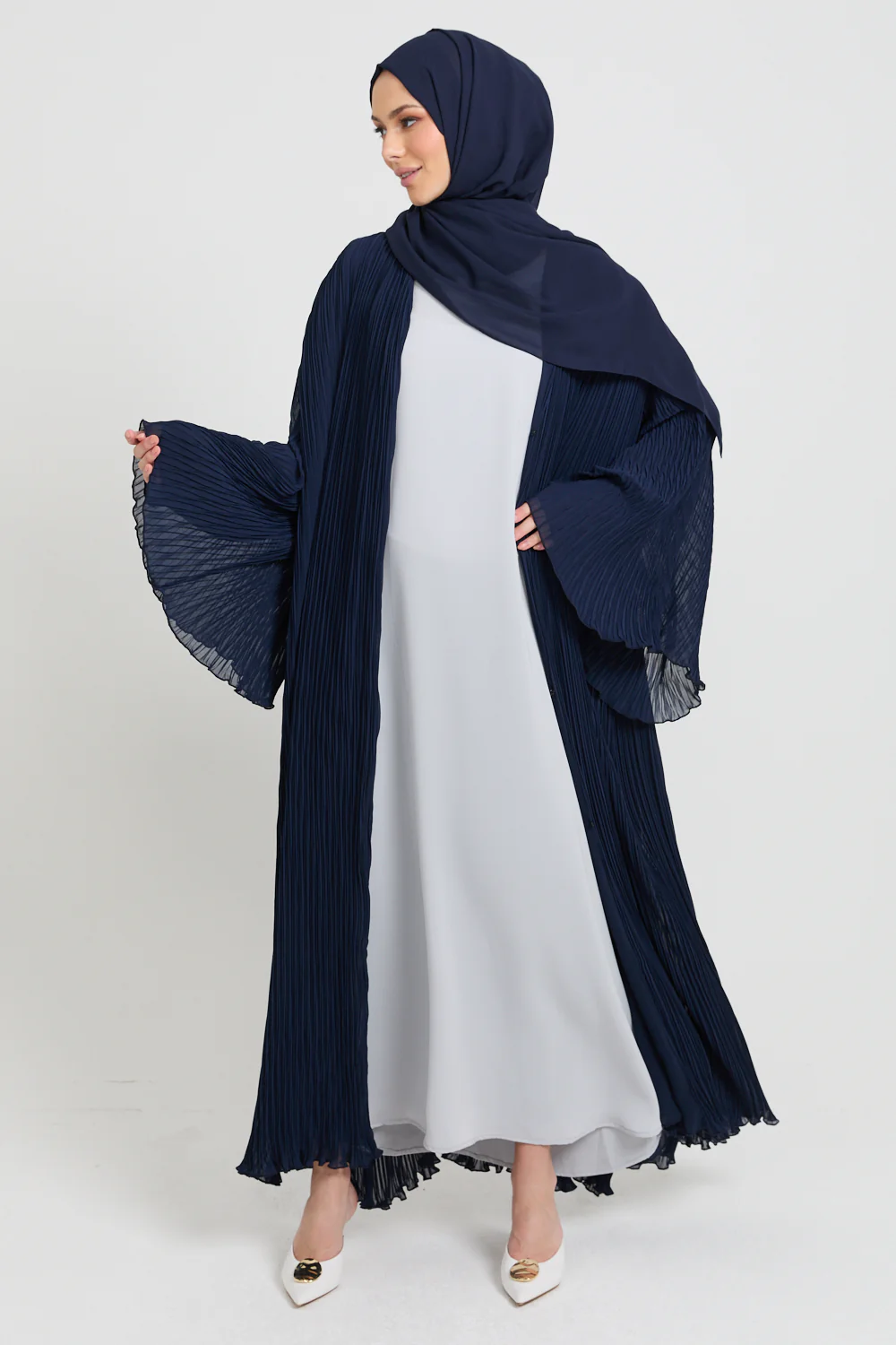 Premium Pleated Open Abaya with Flared Sleeves - Navy - Image 7