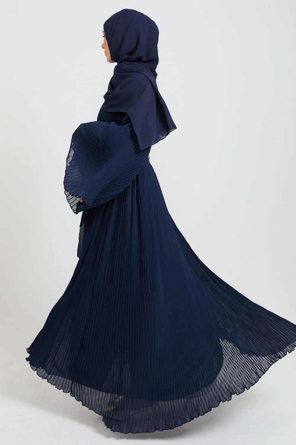 Premium Pleated Open Abaya with Flared Sleeves - Navy - Image 8