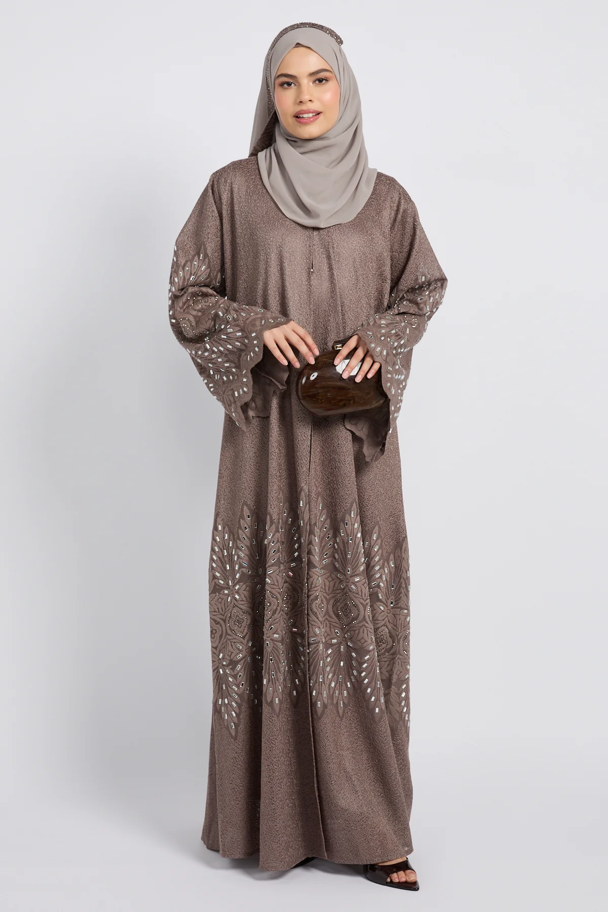 Premium Regal Mosaic Open Abaya - Mocha Taupe - LIMITED EDITION